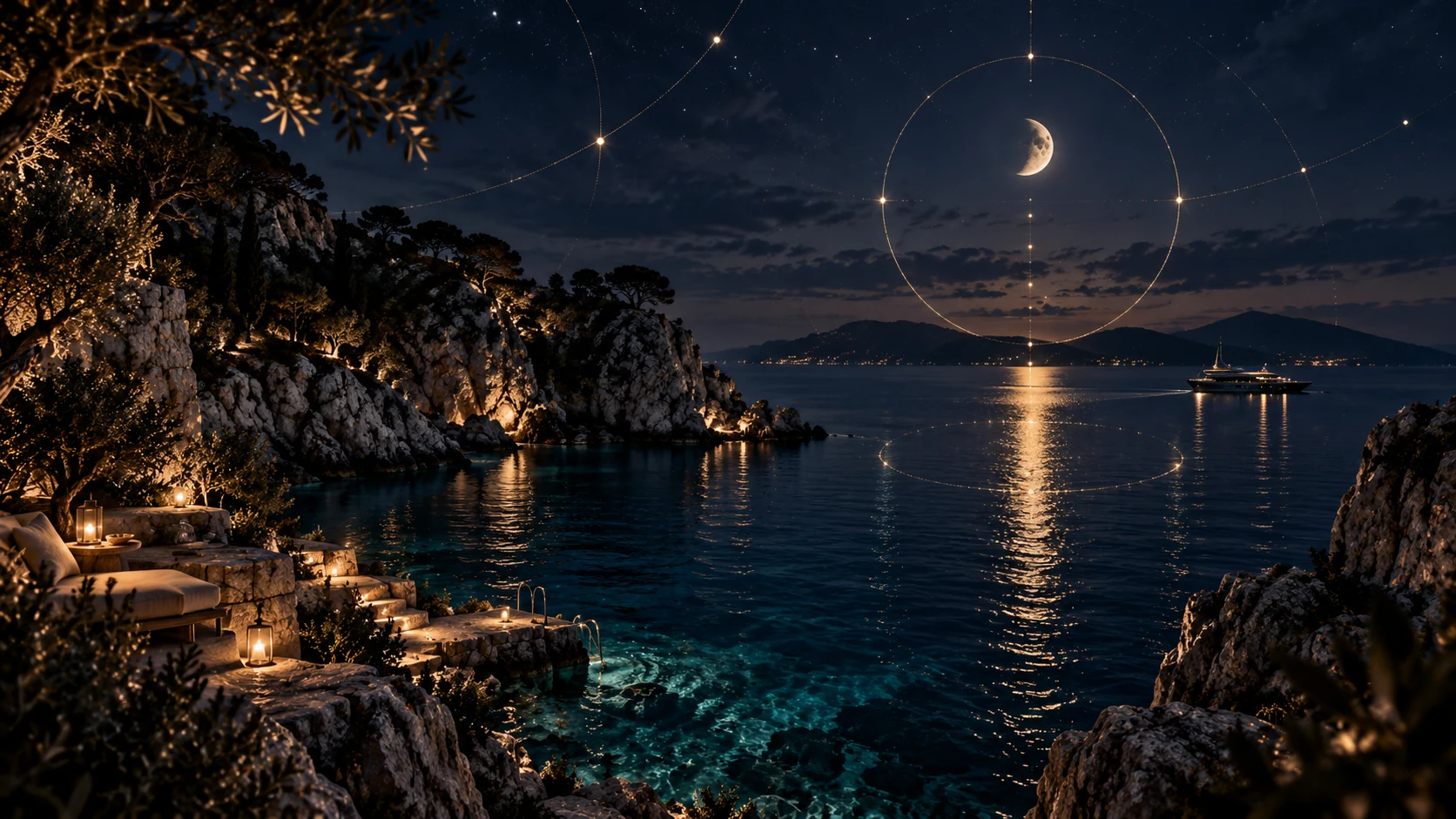 A secluded Adriatic cove at night with lanterns, moonlight and subtle celestial geometry.