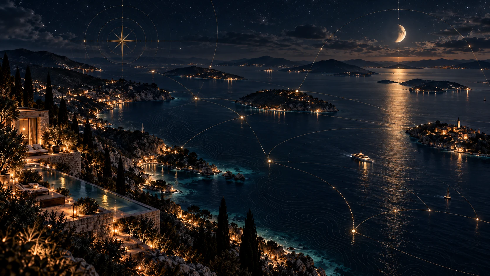 A symbolic night chart of the Adriatic with celestial routes, islands and luminous network nodes.