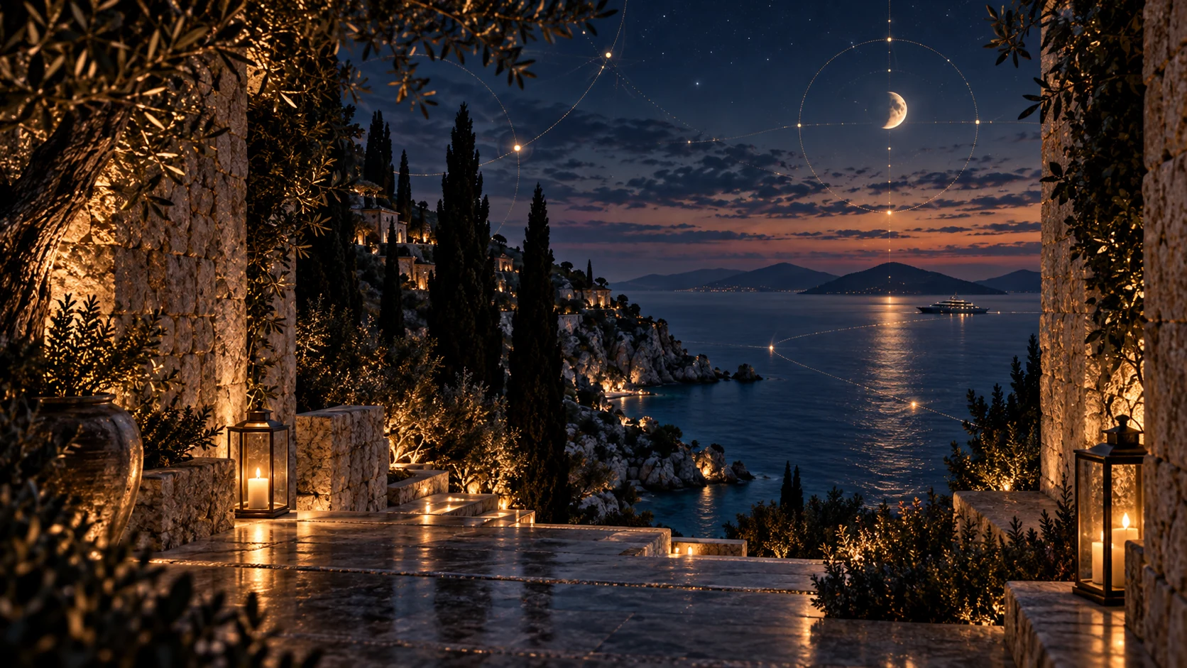 A lantern-lit stone passage opening toward the Adriatic beneath a celestial moon.