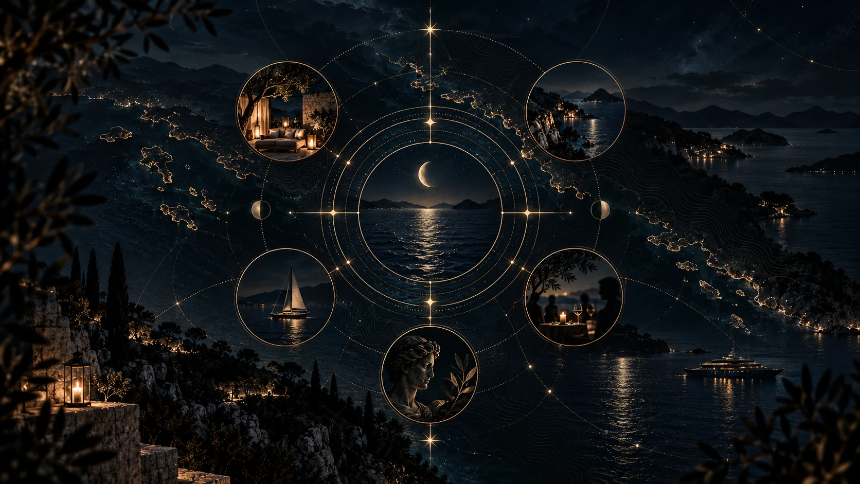 A symbolic Adriatic composition of moonlight, coastline, concentric circles and private visual fragments.